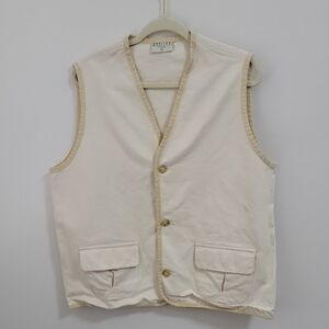UTILITY Canvas Vest In Cream and Tan Size L Made In USA 100% Cotton Button Front